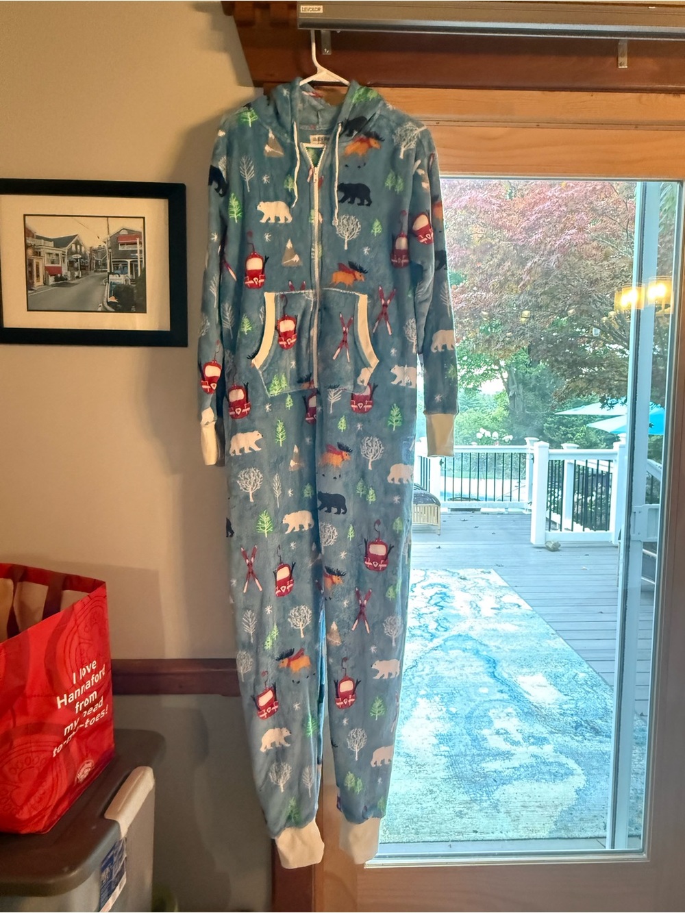 Adult Blue Ski & Bear Print Fleece Pajamas - Cozy Zipper One-Piece